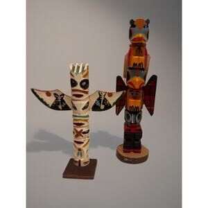 Vintage NW Coast Totem Poles Pair Alaska ANAC Souvenir Handmade Pacific Fetish